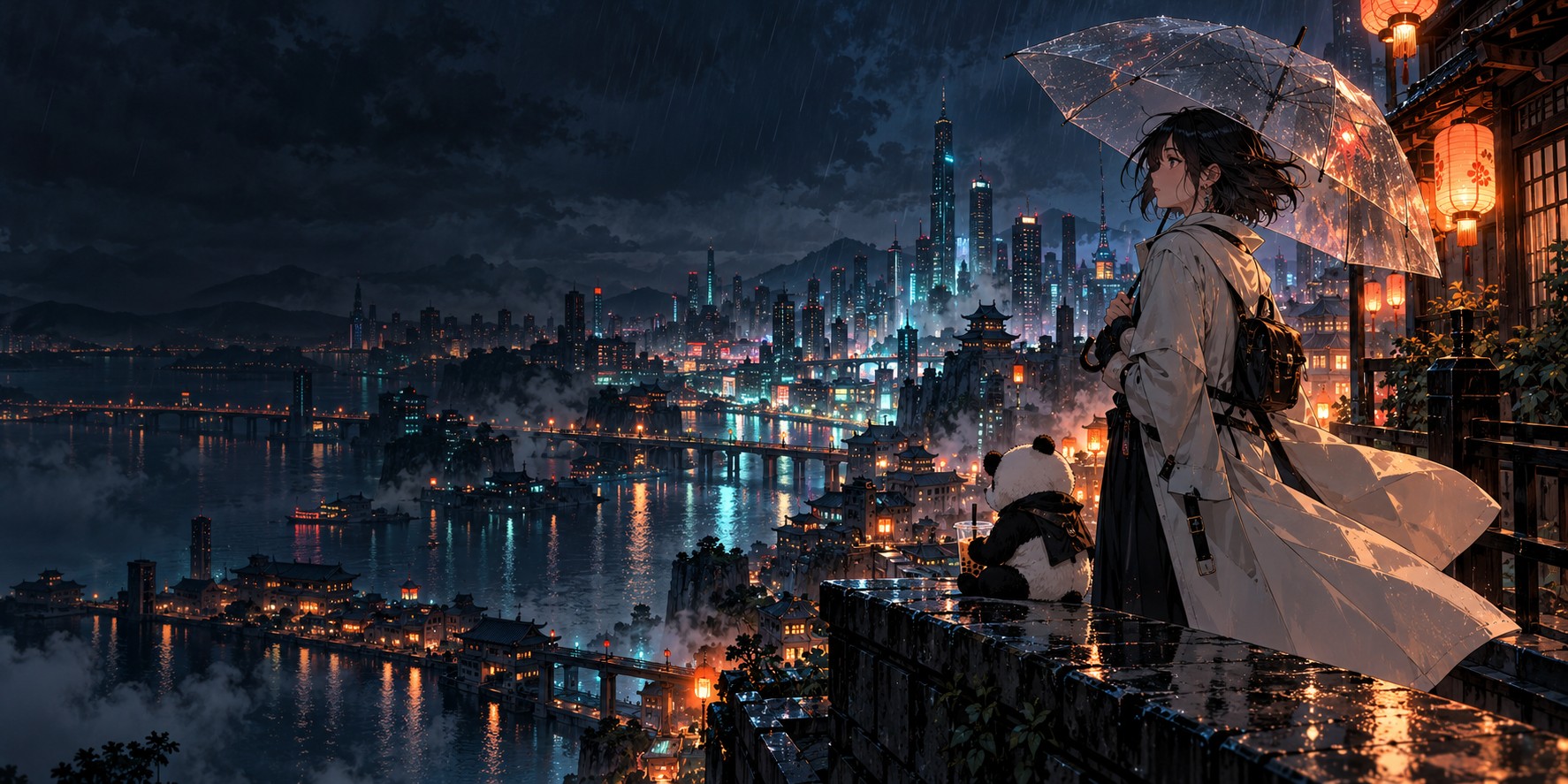 Original illustrated reader and panda overlooking a night-time city