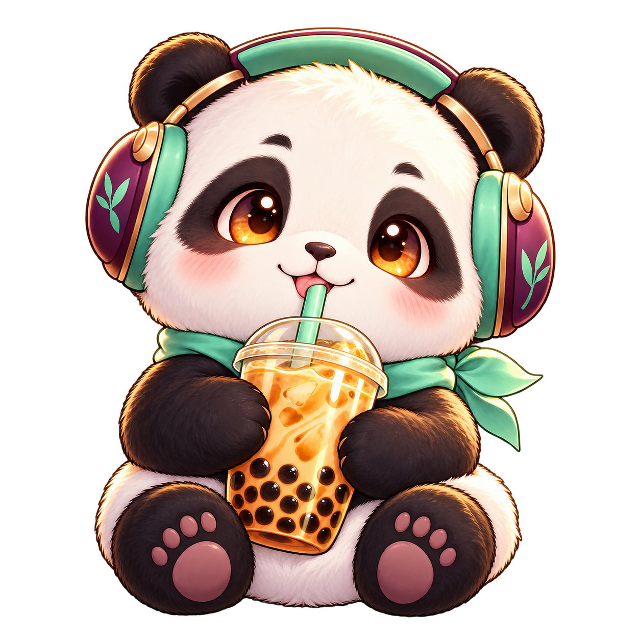 Original boba panda wearing headphones