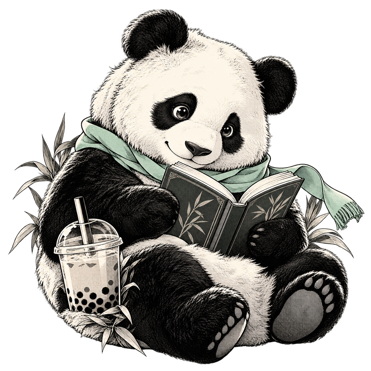 Panda with a book and boba tea
